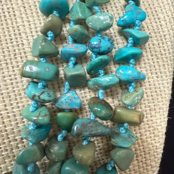 SX 925 Sterling Silver Necklace Turquoise Nugget Hand Knotted Toggle Clasp 82”L